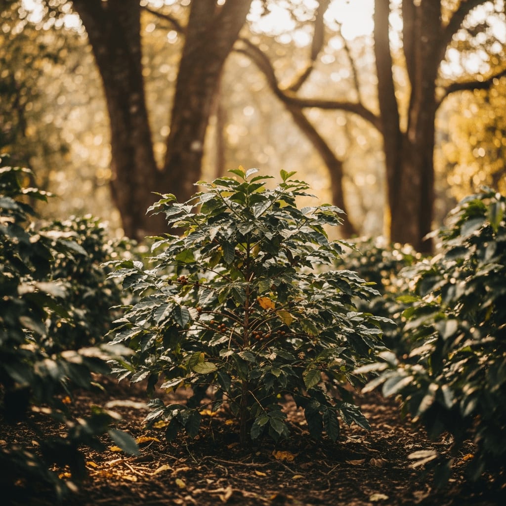 Kaffeepflanzen, die im Schatten höherer Bäume in einem Agroforstsystem wachsen, gefiltertes Sonnenlicht, vielfältiges Blattwerk, gesunder Boden.
