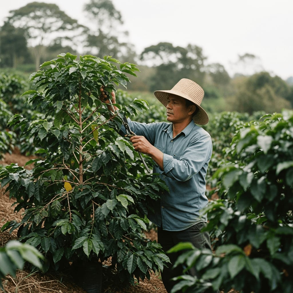 Kaffeebauer, der Kaffeepflanzen in einem Agroforstsystem pflegt, Äste beschneidet, gesundes Wachstum fördert, nachhaltige Anbaumethoden.