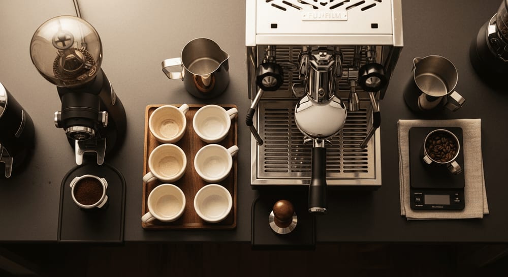 Draufsicht auf eine gut organisierte Kaffeestation mit verschiedenen Werkzeugen, die Präzision und Kontrolle betonen, warmes Licht