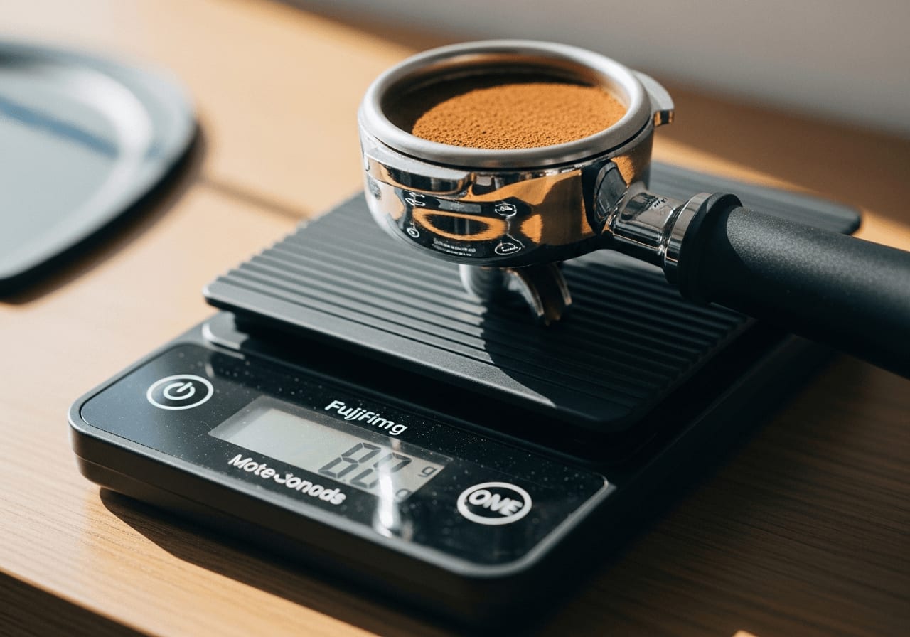 Nahaufnahme einer digitalen Kaffeewaage, die präzise Messwerte anzeigt, ein Siebträger liegt obenauf, was die Bedeutung der Genauigkeit hervorhebt