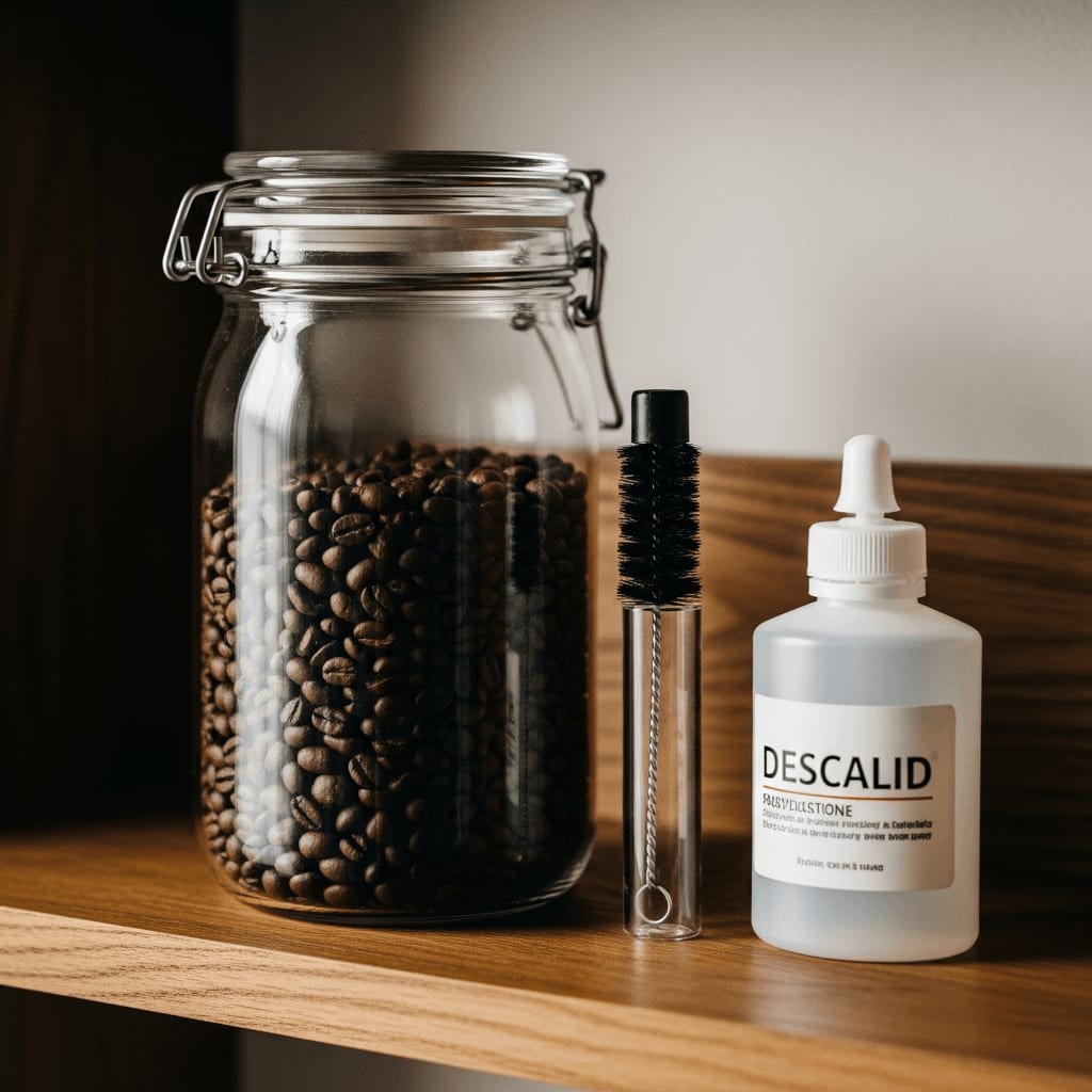 Luftdichter Glasbehälter gefüllt mit frischen Kaffeebohnen, eine kleine Reinigungsbürste und Entkalker für Kaffeemaschinen, arrangiert auf einem Holzregal