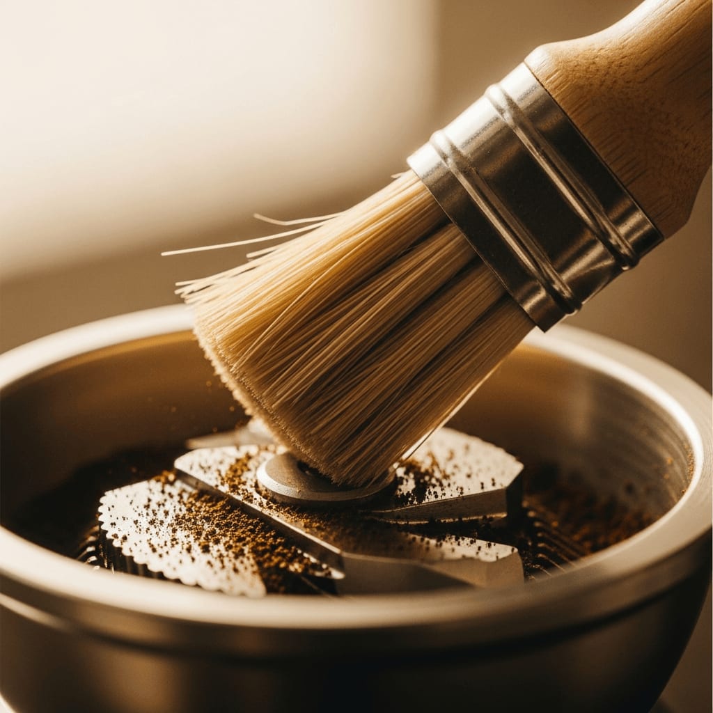 Nahaufnahme einer Kaffeemühlen-Reinigungsbürste mit weichen Borsten, die Kaffeemehl aus einer Mahlscheibenmühle entfernt, Hervorhebung der Wartung