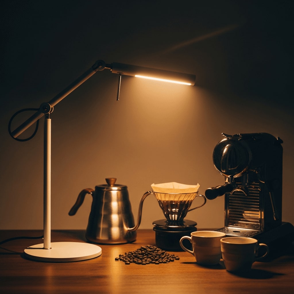 Moderne Schreibtischlampe, die einen Kaffeezubereitungsbereich beleuchtet und die Bedeutung guter Beleuchtung für Heimbaristas hervorhebt, minimalistisches Design