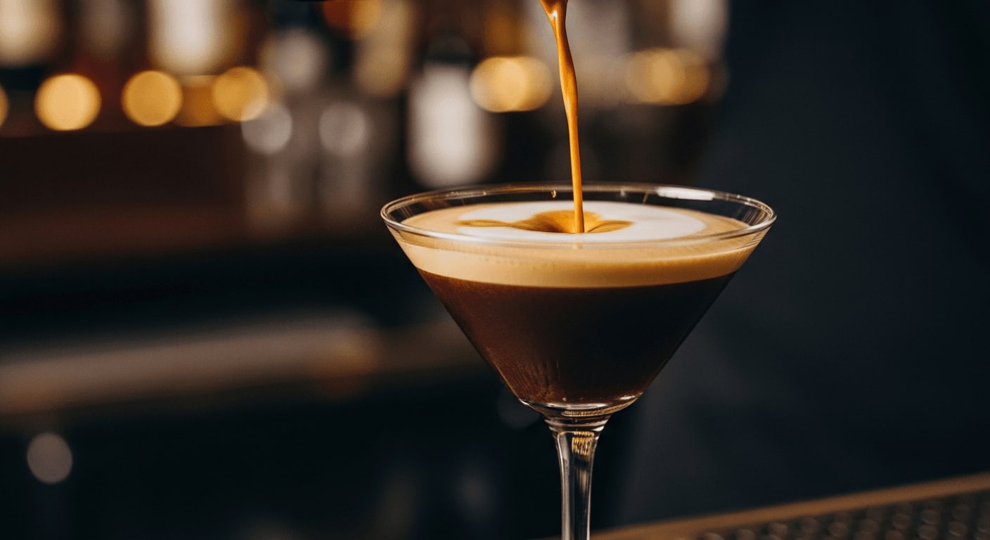 Nahaufnahme eines Espresso Martinis, der in ein Martiniglas gegossen wird, schaumige Crema, Bar-Szene