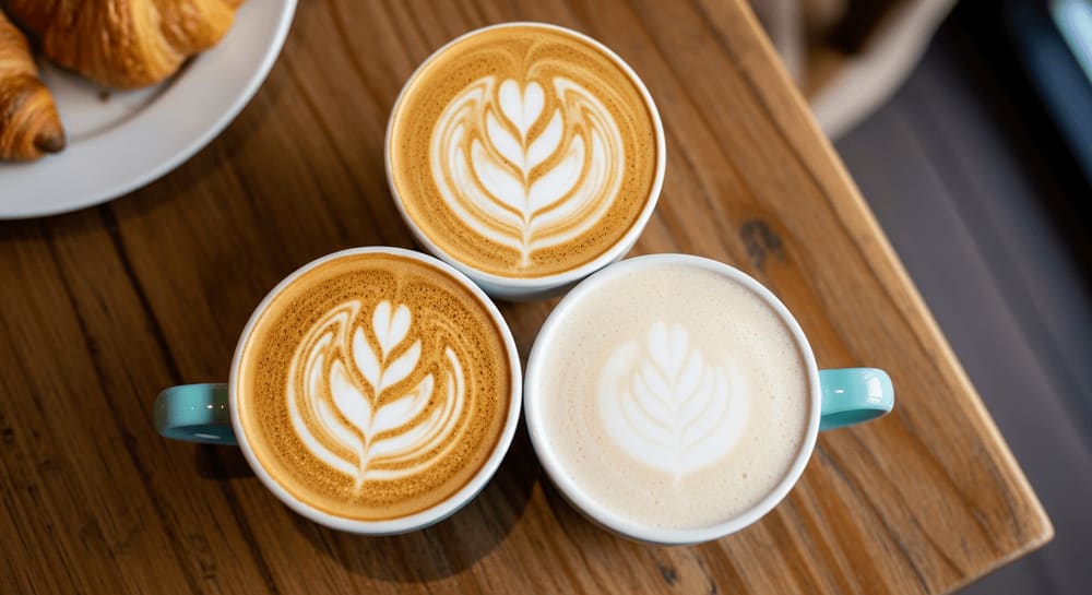 Verschiedene vegane Kaffeespezialitäten mit pflanzlichen Milchalternativen wie Hafer-, Mandel- und Sojamilch auf einem rustikalen Holztisch in einem Café.