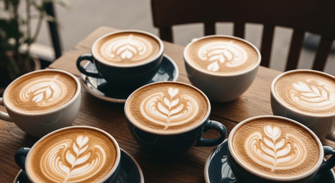 Verschiedene vegane Kaffeespezialitäten mit pflanzlichen Milchalternativen wie Hafer-, Mandel- und Sojamilch auf einem rustikalen Holztisch in einem Café.