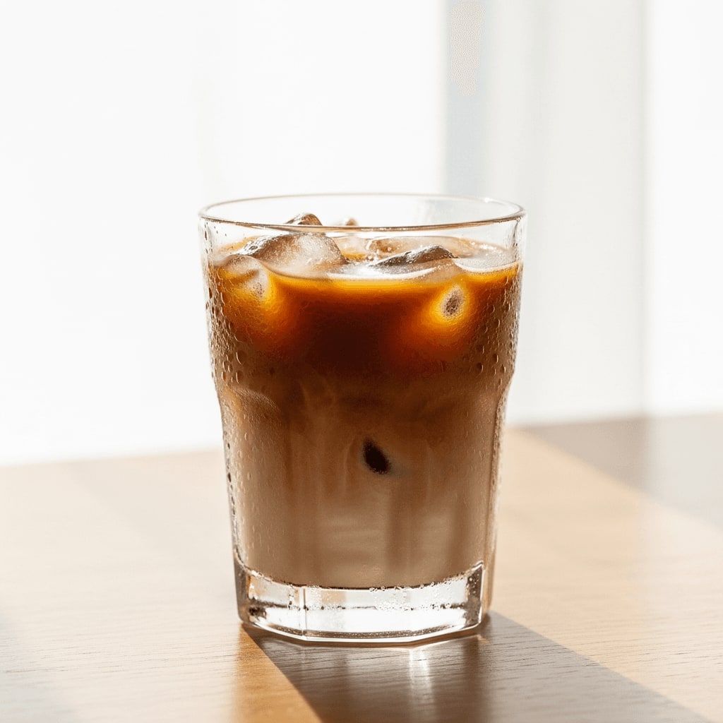 Glas Eiskaffee mit Hafermilch, Kondenswasser auf dem Glas, heller Hintergrund