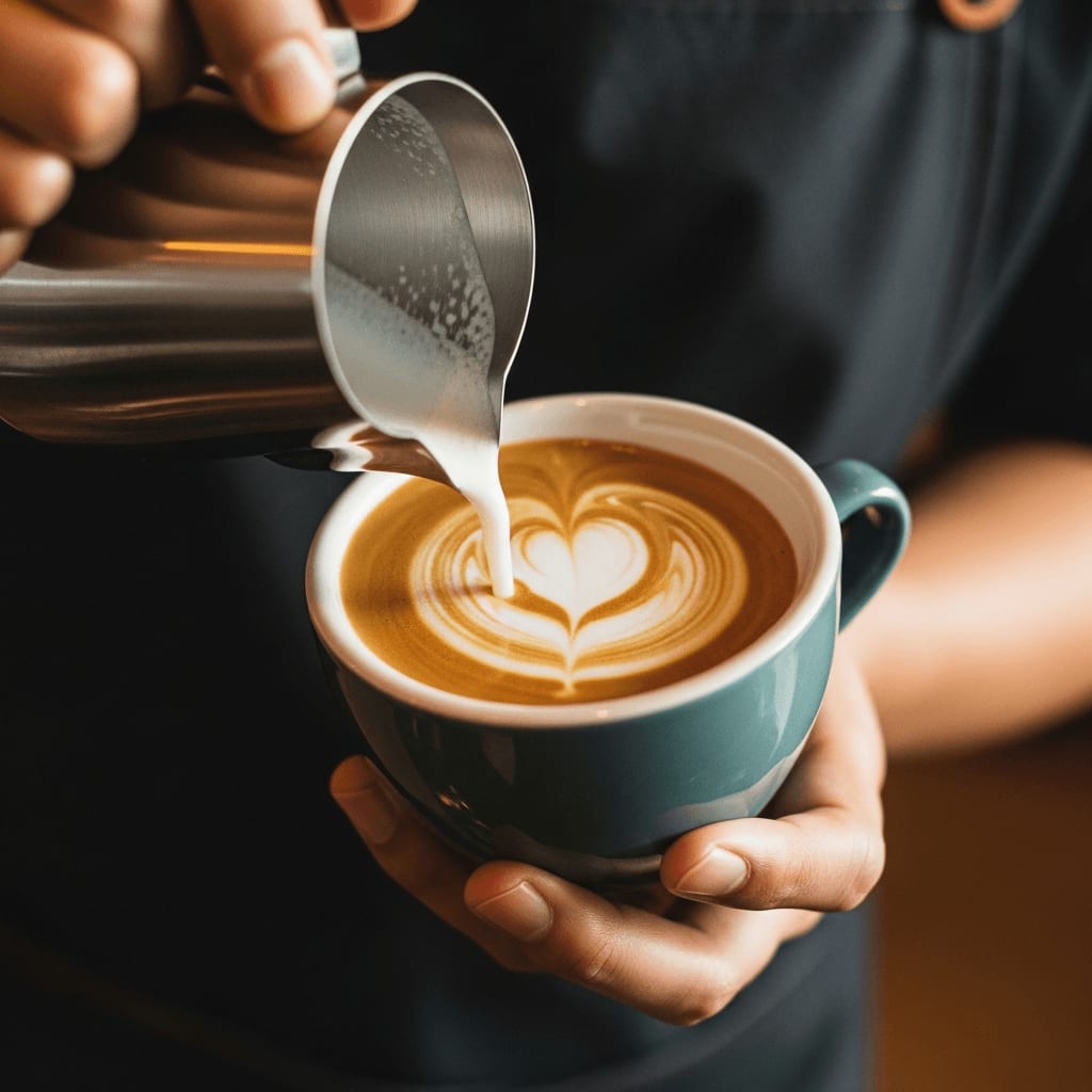 Nahaufnahme eines Barista, der heiße Sojamilch in Espresso gießt, Latte-Art-Herzform, warmes Café-Licht