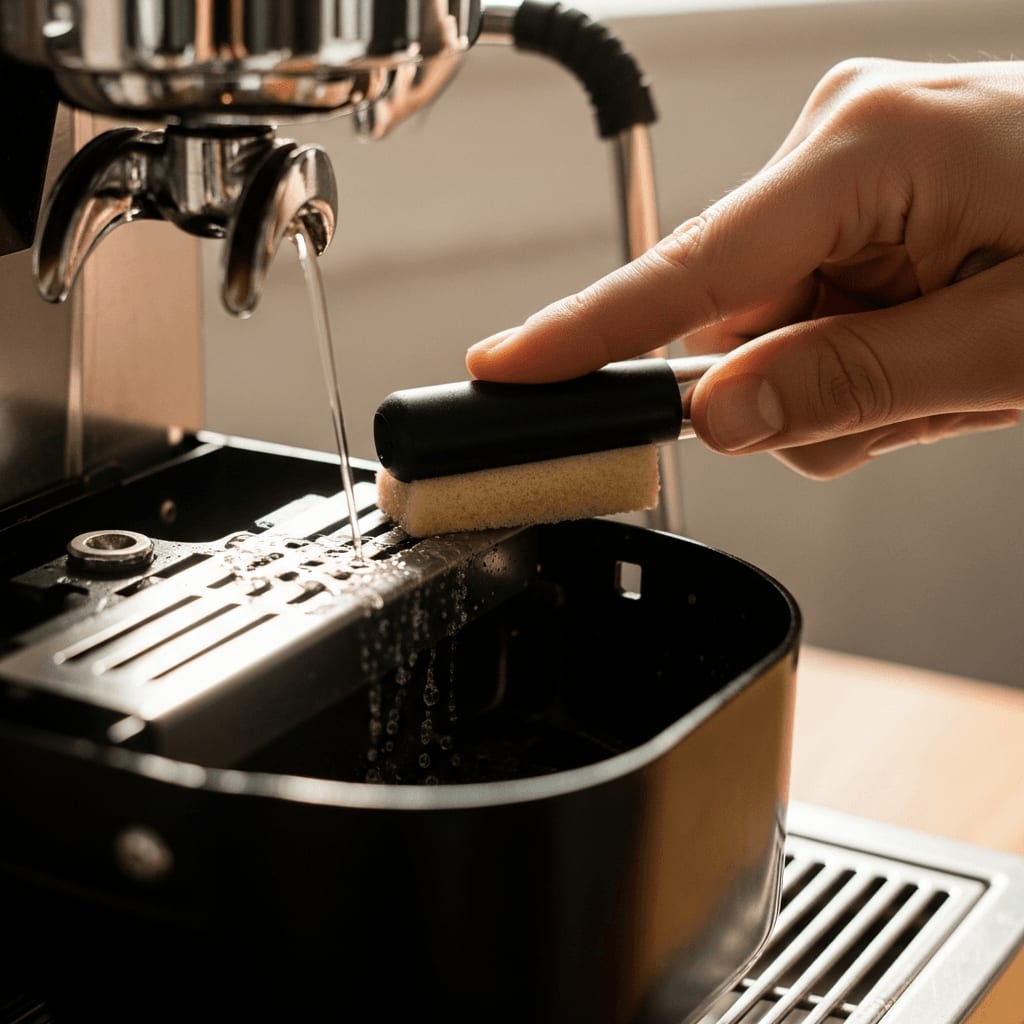 Eine Hand entkalkt eine Kaffeemaschine mit einer Reinigungslösung, Kalk löst sich auf, Nahaufnahme des Prozesses.