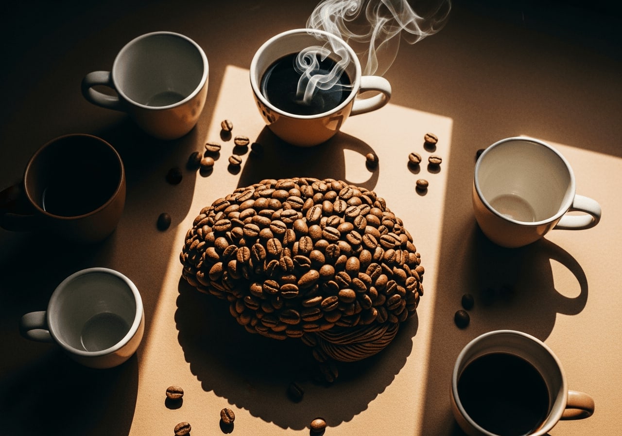 Kaffeebohnen in Form eines Gehirns, umgeben von Kaffeetassen und einer dampfenden Tasse