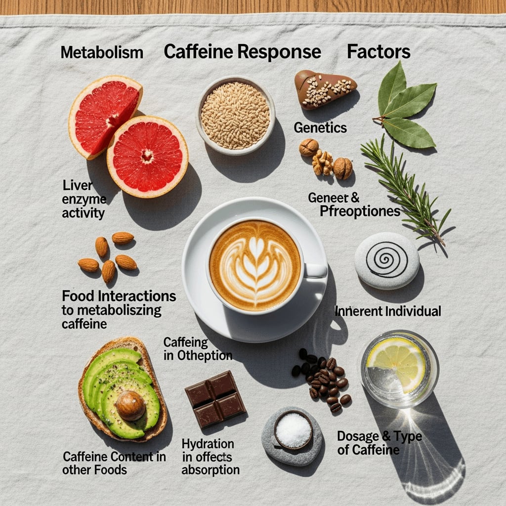 Draufsicht auf eine Vielzahl von Speisen und Getränken, einschließlich Kaffee, die verschiedene Faktoren darstellen, die die Koffeinreaktion beeinflussen