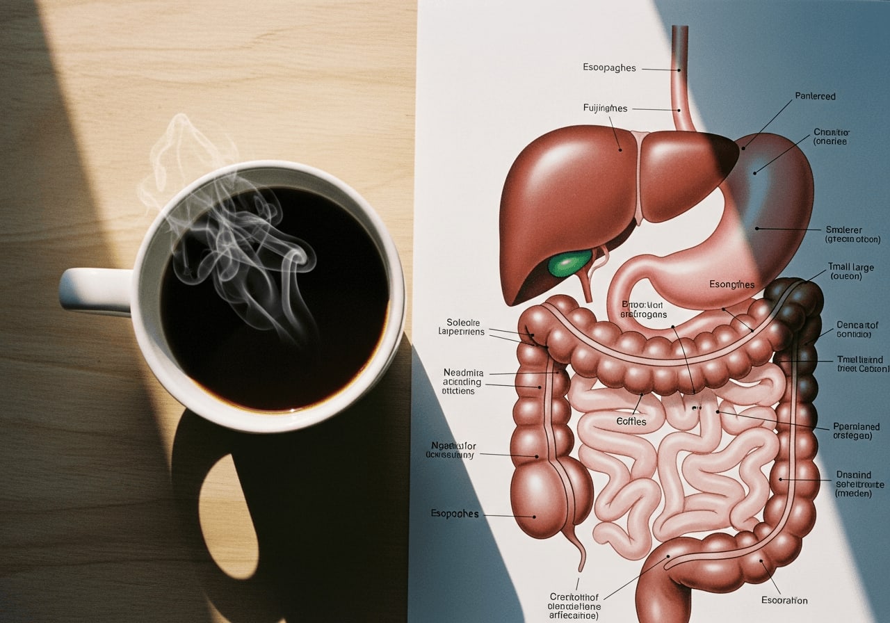 Draufsicht einer dampfenden Tasse Kaffee neben einem Diagramm des Verdauungssystems, das die Verbindung zwischen Kaffee und Darmgesundheit darstellt