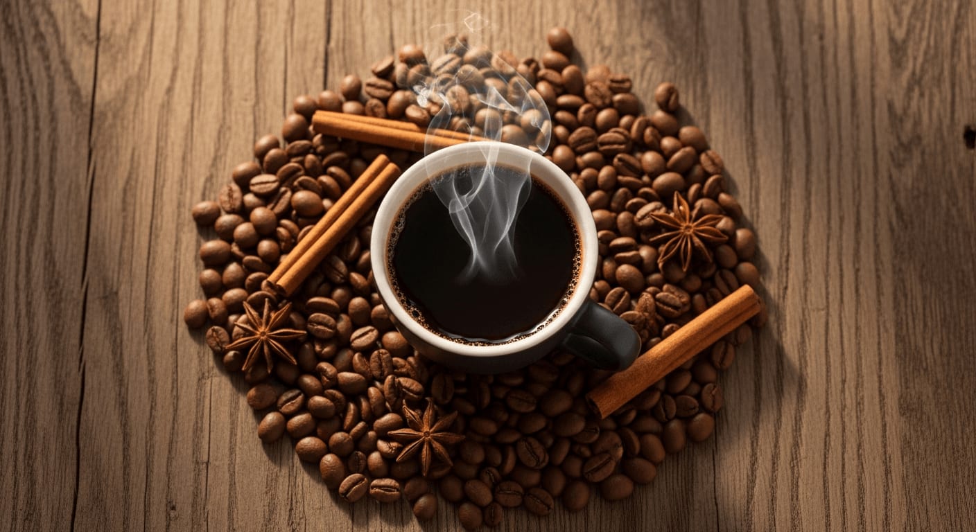 Draufsicht einer Tasse Kaffee mit sichtbarem aufsteigendem Dampf, umgeben von Kaffeebohnen, Zimtstangen und Sternanis auf einer rustikalen Holzoberfläche, stimmungsvolle Beleuchtung