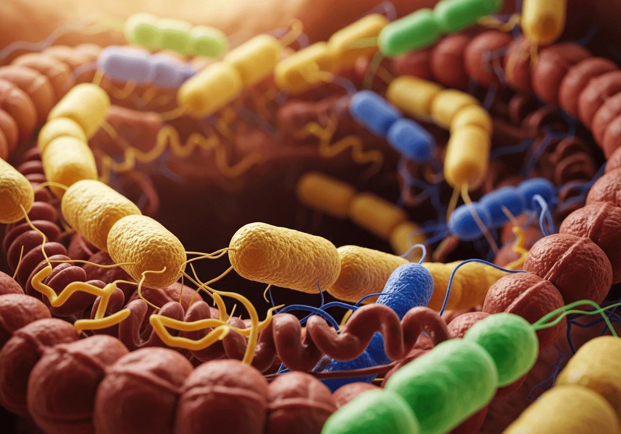Illustration eines gesunden Darm-Mikrobioms mit verschiedenen Bakterienarten in einer lebendigen Farbpalette, wissenschaftliche Illustration, Nahaufnahme