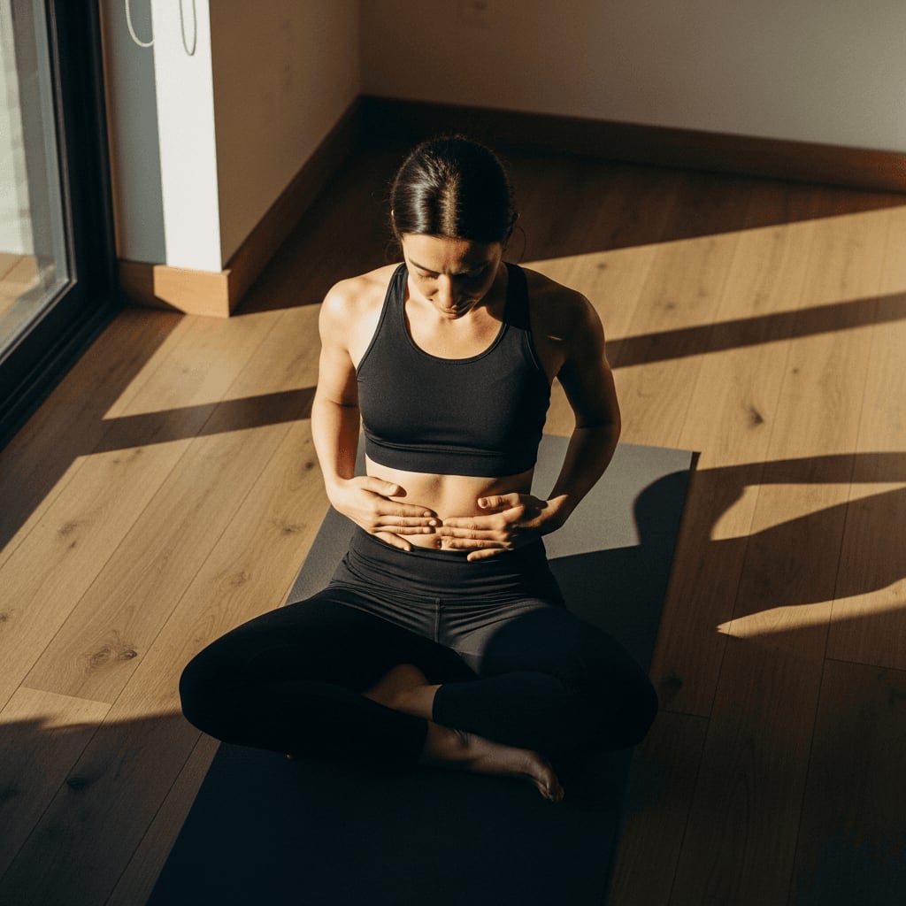 Draufsicht einer Person, die Yoga in einem sonnendurchfluteten Raum praktiziert, um die Verbindung zwischen Stressabbau und Darmgesundheit zu betonen