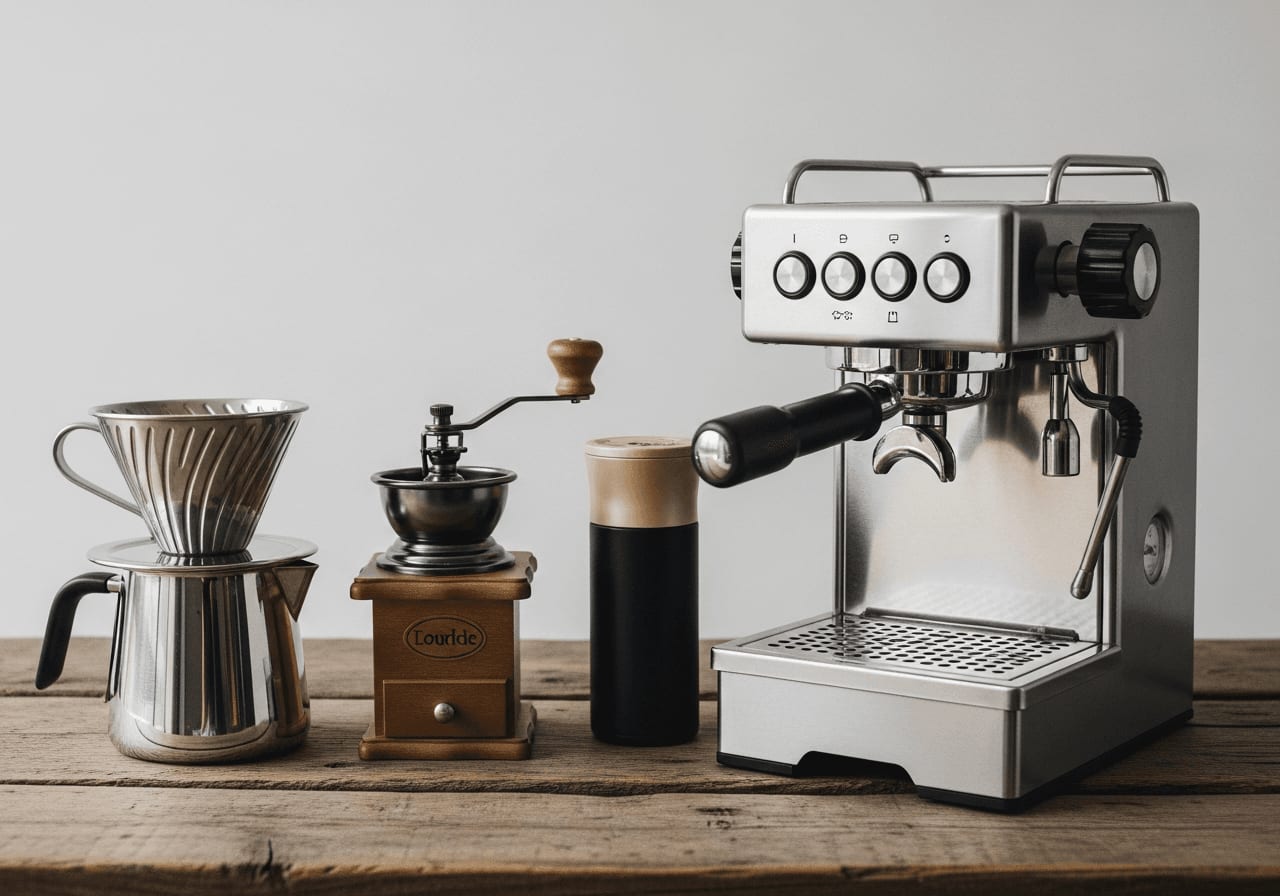 Verschiedene nachhaltige Kaffeezubereitungsgeräte, darunter ein Edelstahlfilter, eine Handmühle und eine langlebige Espressomaschine, auf einer Oberfläche aus Altholz arrangiert