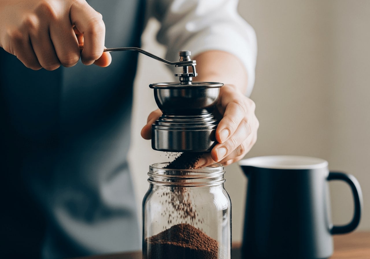 Eine Person mahlt Kaffeebohnen mit einer Vintage-Handmühle, mit Fokus auf den gemahlenen Kaffee, der in ein Glas fällt
