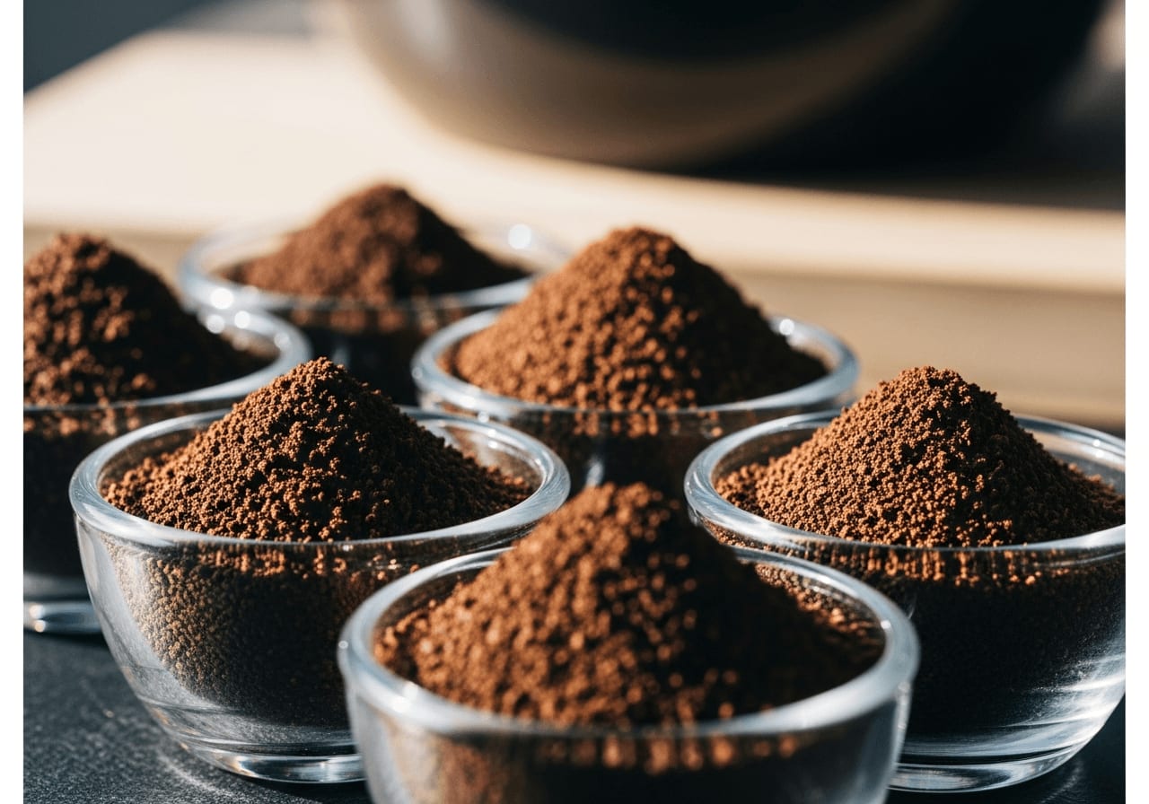 Nahaufnahme von frisch gemahlenen Kaffeebohnen in verschiedenen Mahlgraden, von grob bis fein, in kleinen Glasschalen, natürliches Licht.