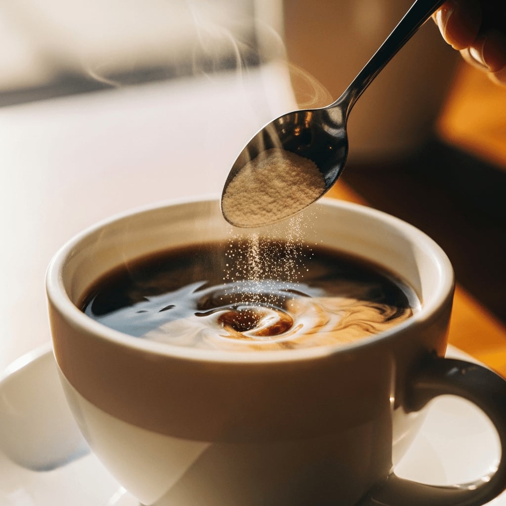 Nahaufnahme von Kollagenpulver, das in eine Tasse Kaffee eingerührt wird, weißer Keramikbecher, warme Café-Atmosphäre