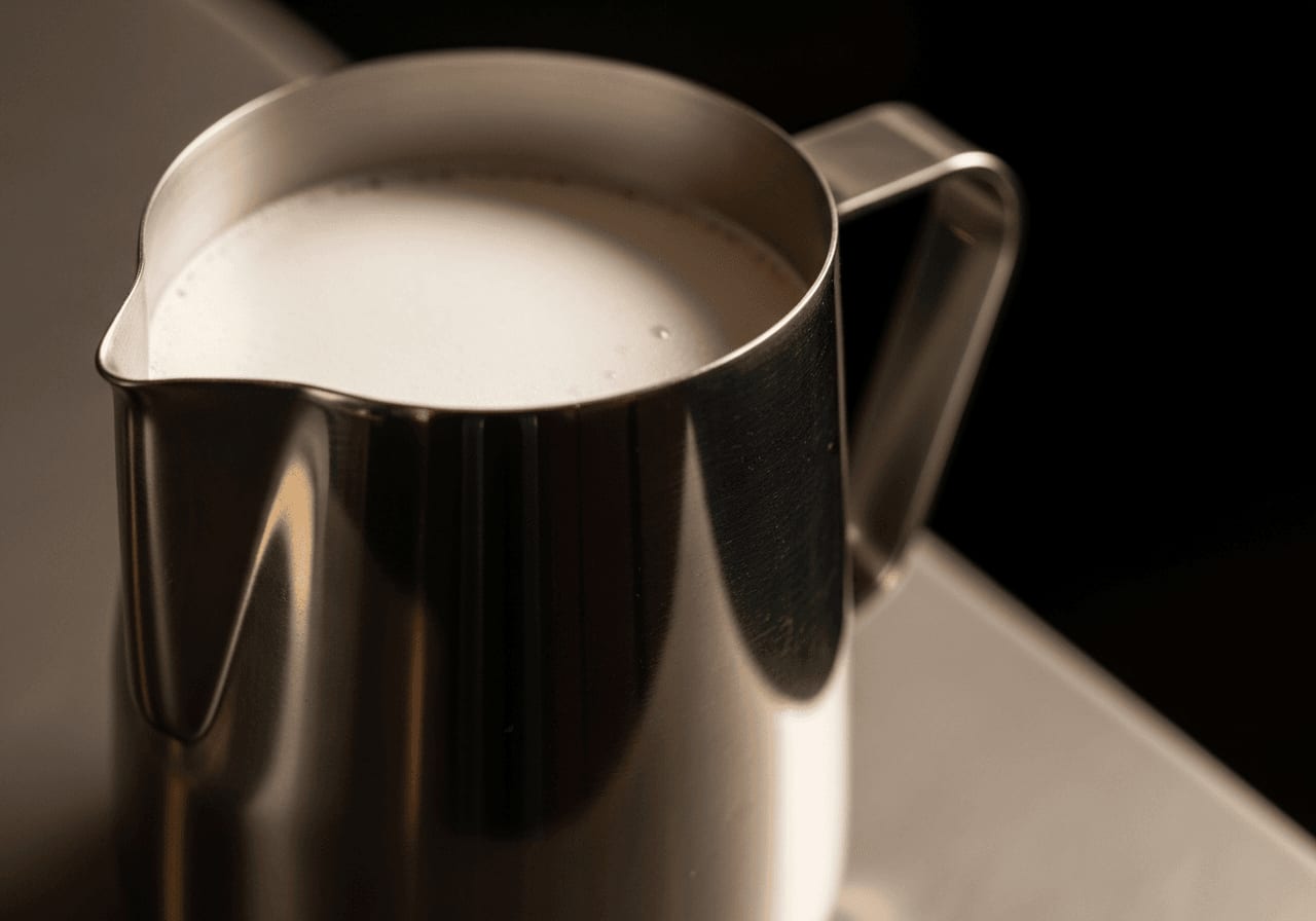 Nahaufnahme eines Edelstahl-Milchkännchens mit perfekt texturiertem Milchschaum, der das Licht reflektiert, professionelle Barista-Umgebung.