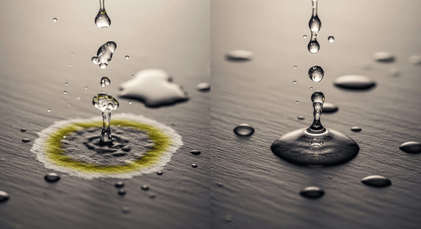 Ein geteiltes Bild, das hartes Wassertröpfchen zeigt, die verdunsten und Kalkflecken auf der einen Seite hinterlassen, und klare, mineralstoffreiche Wassertröpfchen auf der anderen Seite, auf einem dunklen Schieferhintergrund