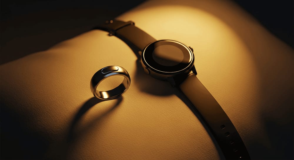 Draufsicht auf einen Smart Ring und eine Smartwatch auf einem weichen Kissen, die ihr schlankes Design und ihre Schlafüberwachungsfunktionen hervorhebt, warme Farbgebung