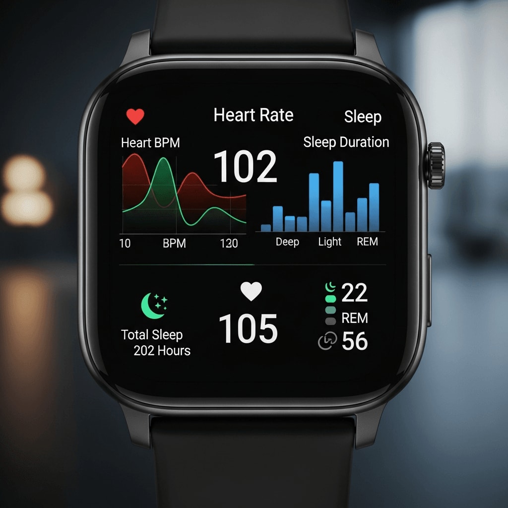 Nahaufnahme einer Smartwatch, die Herzfrequenz- und Schlafdaten anzeigt, saubere Benutzeroberfläche, verschwommener Hintergrund