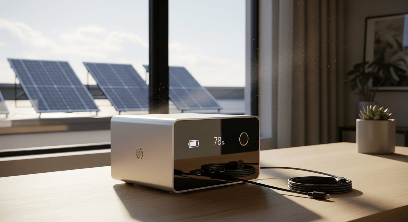 Eine moderne LiFePO4 Powerstation steht auf einem Holztisch in einem sonnendurchfluteten Raum, Solarpanele sind durch das Fenster sichtbar, minimalistischer Stil.