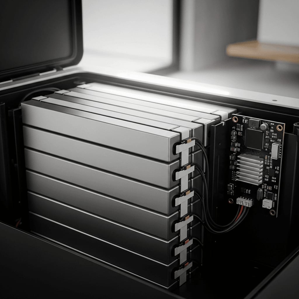 Nahaufnahme eines LiFePO4-Batteriemoduls in einem Energiespeichersystem für Privathaushalte.