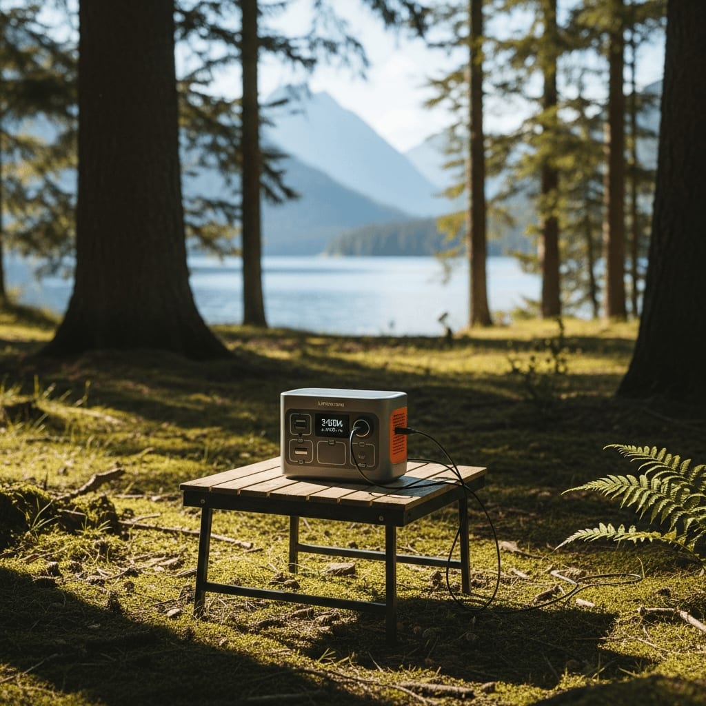 Tragbare LiFePO4 Powerstation auf einem Campingtisch, die verschiedene Geräte auflädt (Telefon, Tablet).