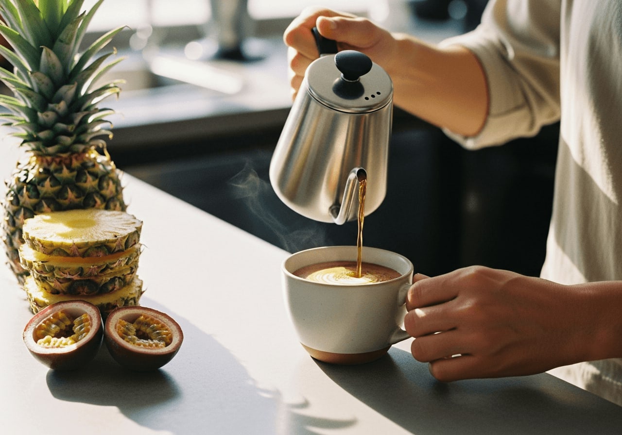 Barista gieÃŸt gekonnt Kaffee in eine Tasse, mit Ananas und Maracuja in der NÃ¤he, natÃ¼rliches Licht, geringe SchÃ¤rfentiefe