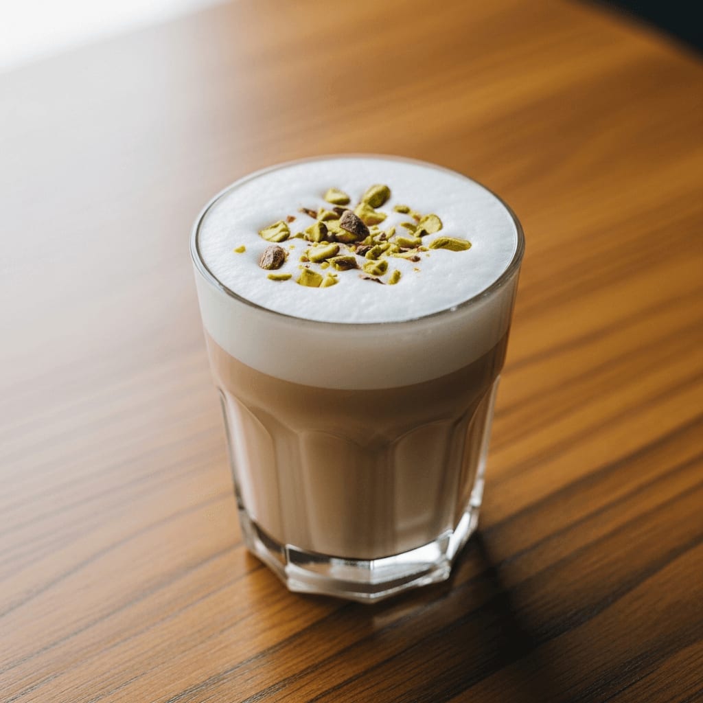 Pistazien-Latte mit schaumiger Milch und gehackten Pistazien in einem Glas auf einem Holztisch.
