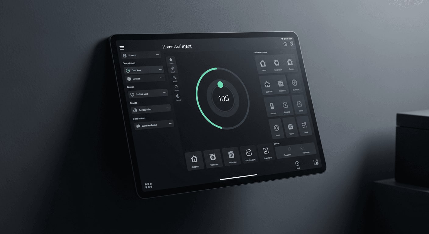 Ein übersichtliches Home Assistant Dashboard auf einem Tablet an der Wand mit Smart-Home-Steuerelementen.