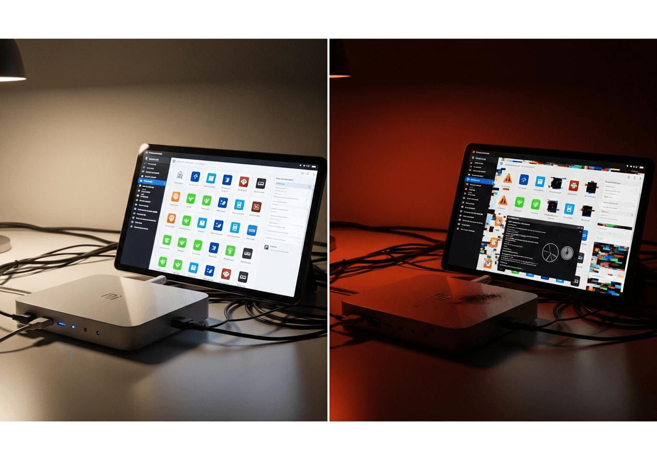 Ein geteilter Bildschirm zeigt eine stabile und eine instabile Home Assistant Installation zur Bedeutung des Update-Managements.