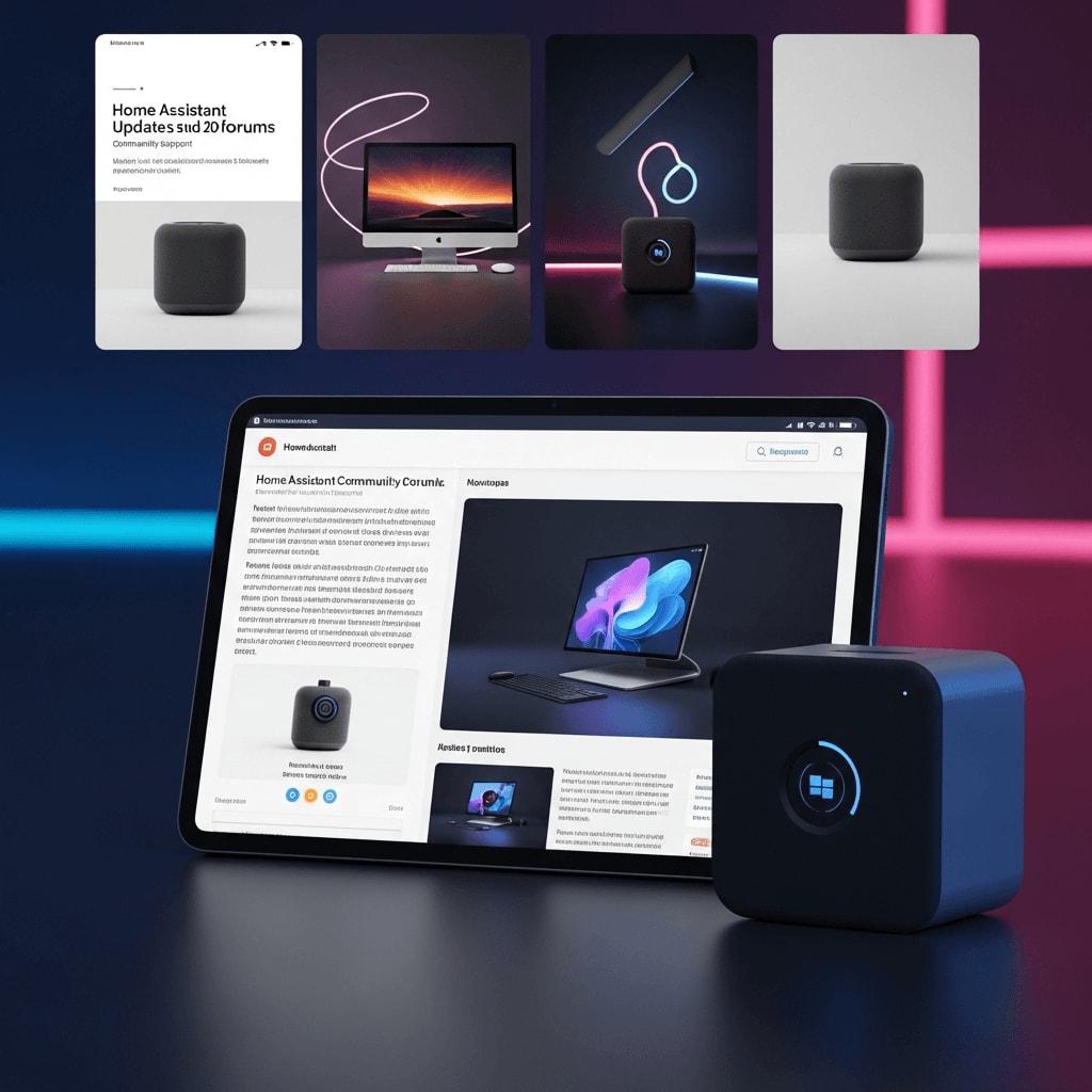 Screenshots aus der Home Assistant Community mit Hervorhebung von Update-Problemen und Lösungen.