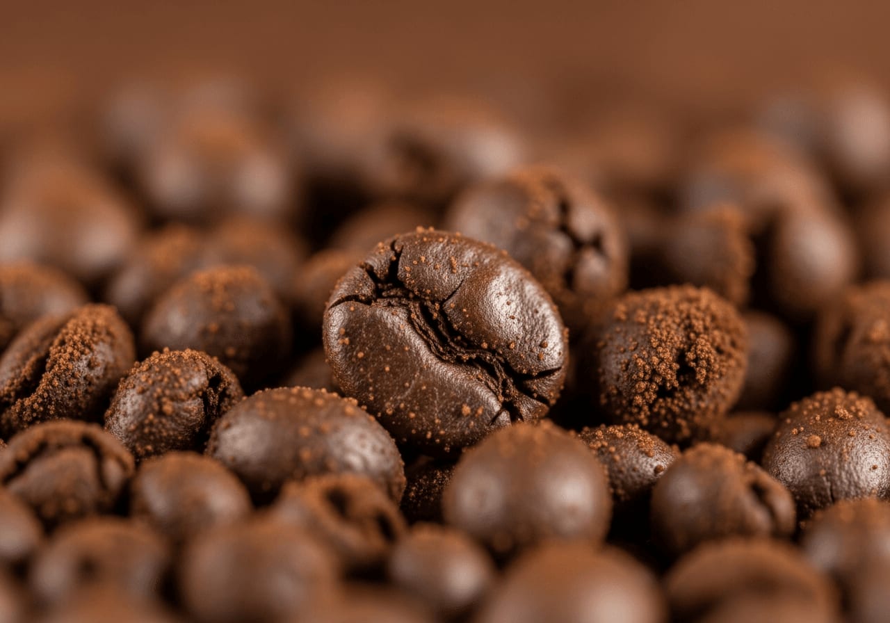 Mikroskopische Ansicht von Kaffeemehl: Die richtige Mahlgradeinstellung für frische Kaffeebohnen beim Espresso.