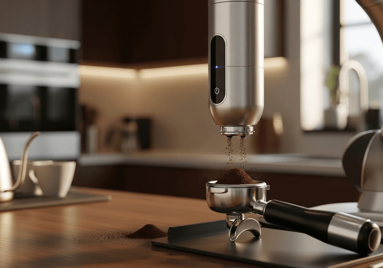 Roboterarm dosiert Kaffee in einen SiebtrÃ¤ger einer smarten Kaffeemaschine mit Sensoren.