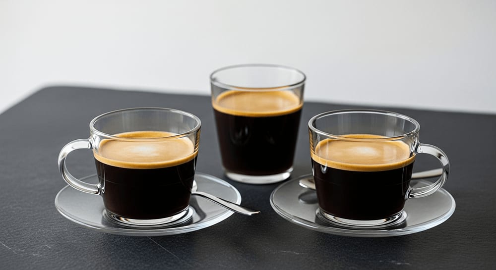 Elegantes Kaffee-Setup mit Americano und Caffè Crema in klaren Gläsern im minimalistischen Stil auf einer dunklen Steinoberfläche.