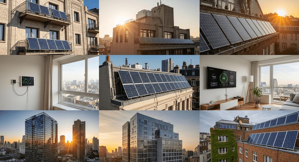 Mehrere Balkonkraftwerk-Installationen an verschiedenen Apartment-Balkonen, vielfältige Architekturstile, sonnige Stadtlandschaft