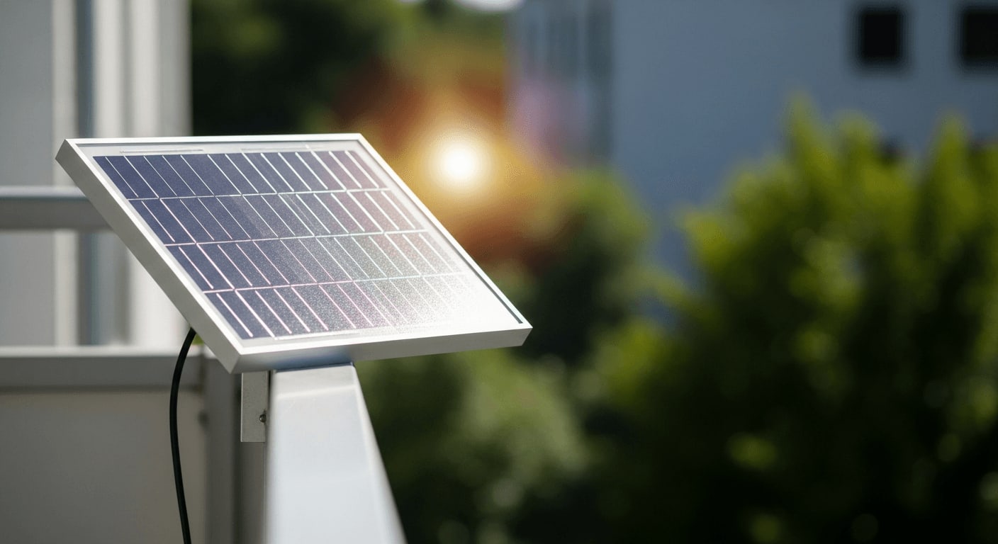 Seitenansicht eines kleinen Balkonkraftwerks, das an einem Metallgeländer installiert ist und Sonnenlicht reflektiert, verschwommener Hintergrund