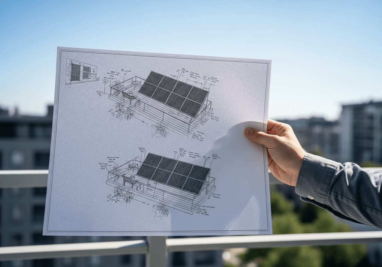 Nahaufnahme einer Hand, die einen Bauplan für die Installation eines Balkonkraftwerks auf einem Balkon hält, Architekturpläne, natürliches Licht