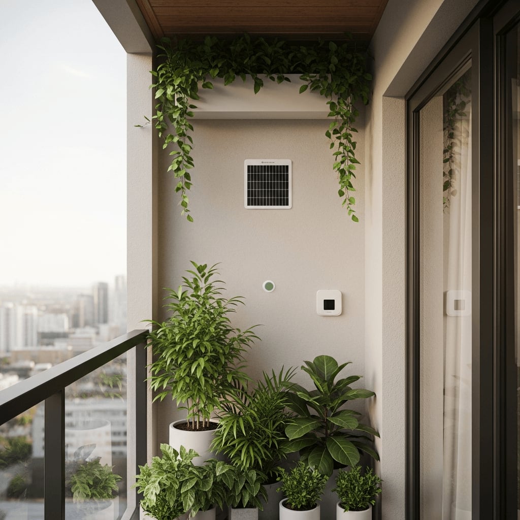 Modern gestalteter Balkon mit kleinem, formschön integriertem Balkonkraftwerk und grünen Pflanzen als Design-Idee