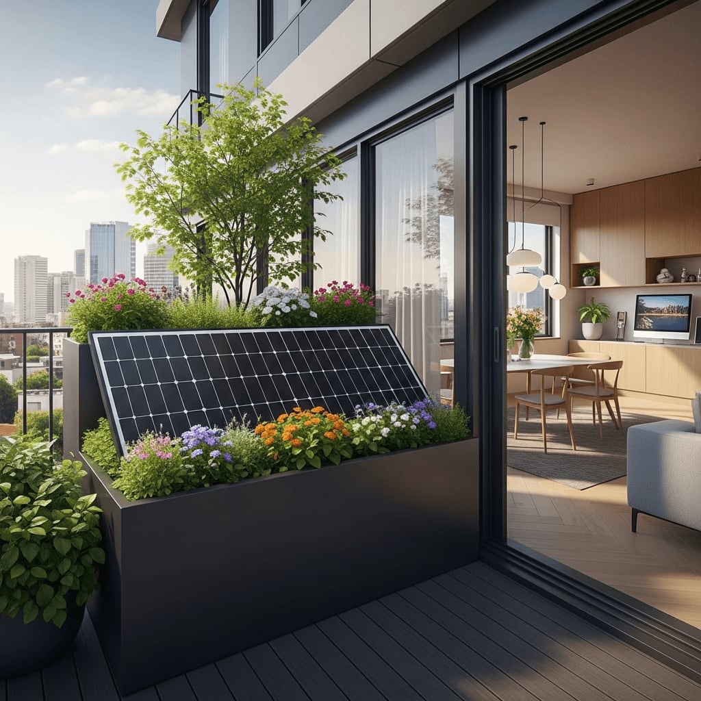 Balkonkraftwerk mit integriertem Blumenkasten für urbanes Gärtnern als Design-Idee