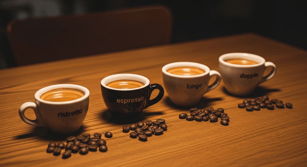 Vier Tassen Kaffee, Ristretto, Espresso, Lungo und Doppio, auf einem Holztisch mit Kaffeebohnen, die Vielfalt der puren Kaffeespezialitäten widerspiegelnd.