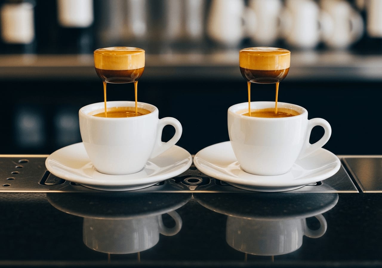 Zwei perfekt gebrühte Doppio Espressos nebeneinander in weißen Demitasse-Tassen, reiche goldbraune Crema, auf einer dunklen Kaffeebar mit Reflexionen.