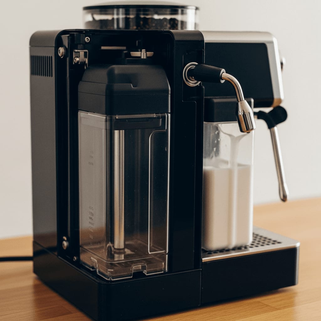 Innenleben eines Kaffeevollautomaten: Fokus auf Wassertank und Milchaufschäumsystem, wichtig für die Funktionalität 2/2