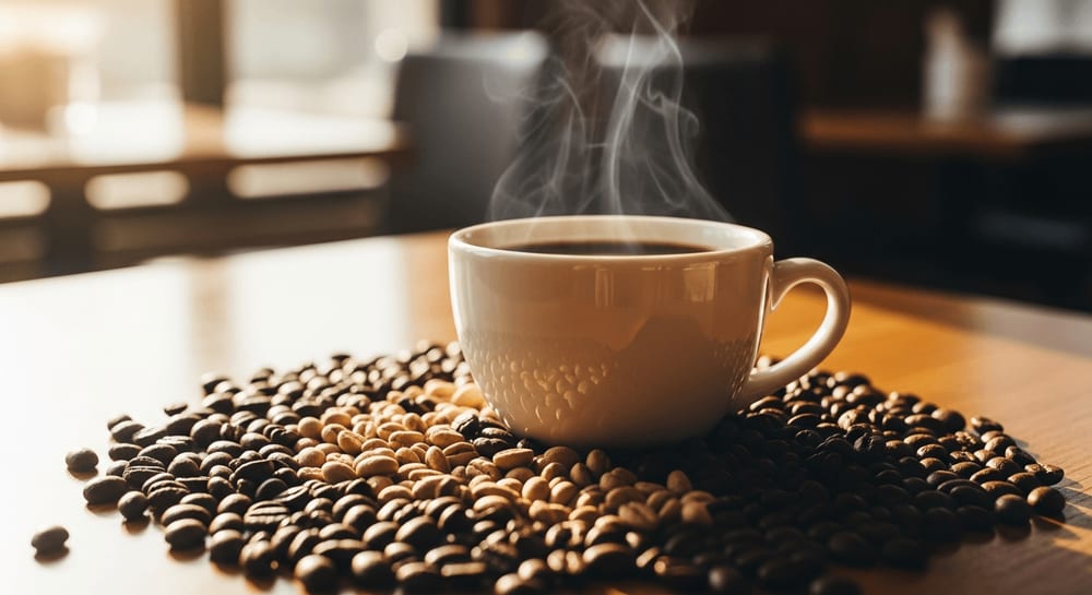 Aromatischer Dampf steigt von einer Tasse Kaffee auf, umgeben von Arabica- und Robusta-Bohnen, für den Kaffeebohnen Guide.