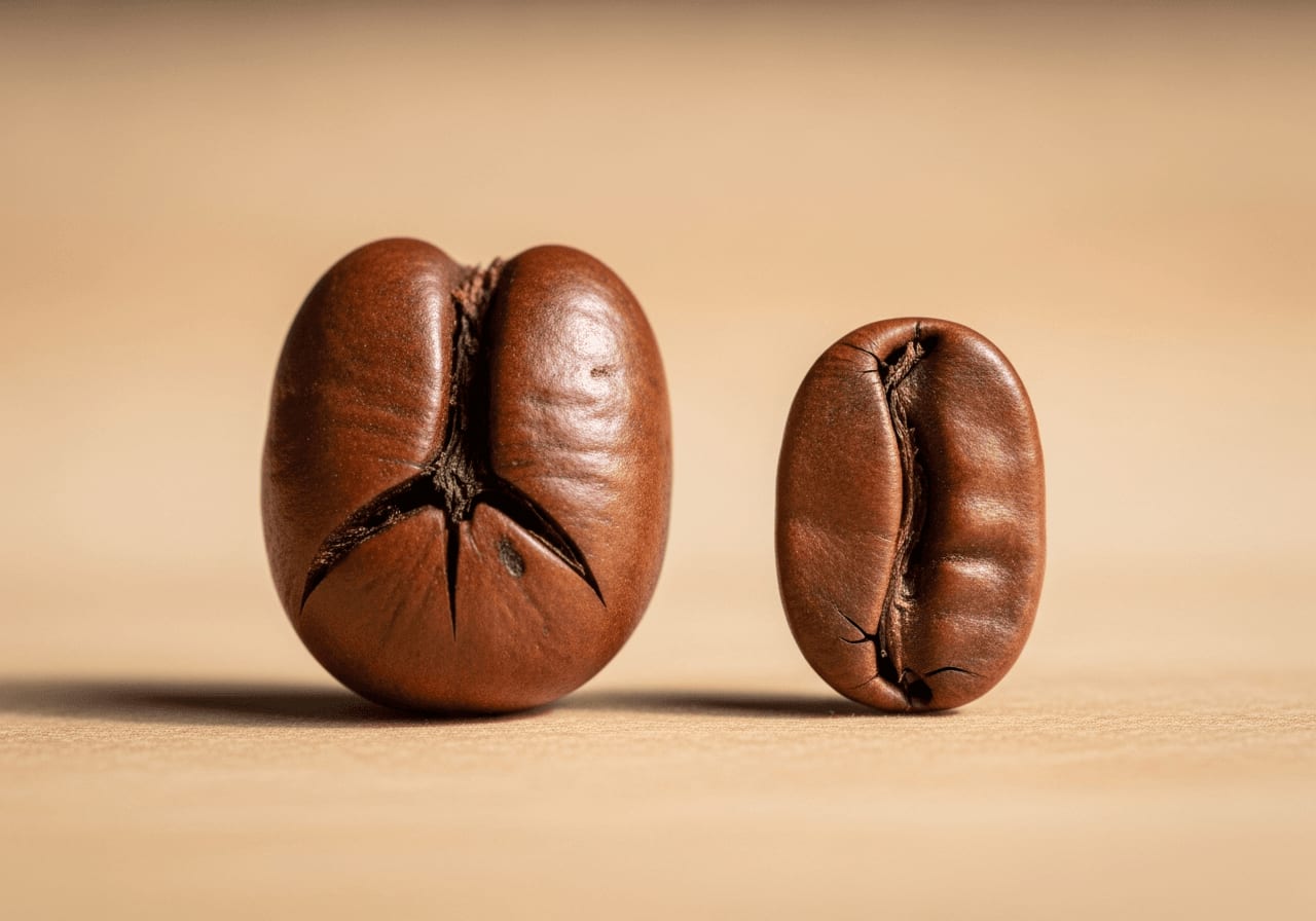 Massive, asymmetrische Liberica-Bohne neben einer Arabica-Bohne zum Größenvergleich im Kaffeebohnen Guide.