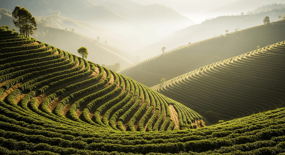 Panoramablick auf eine terrassierte Kaffeeplantage in den Bergen, die den Anbau von Hochlandkaffee illustriert.