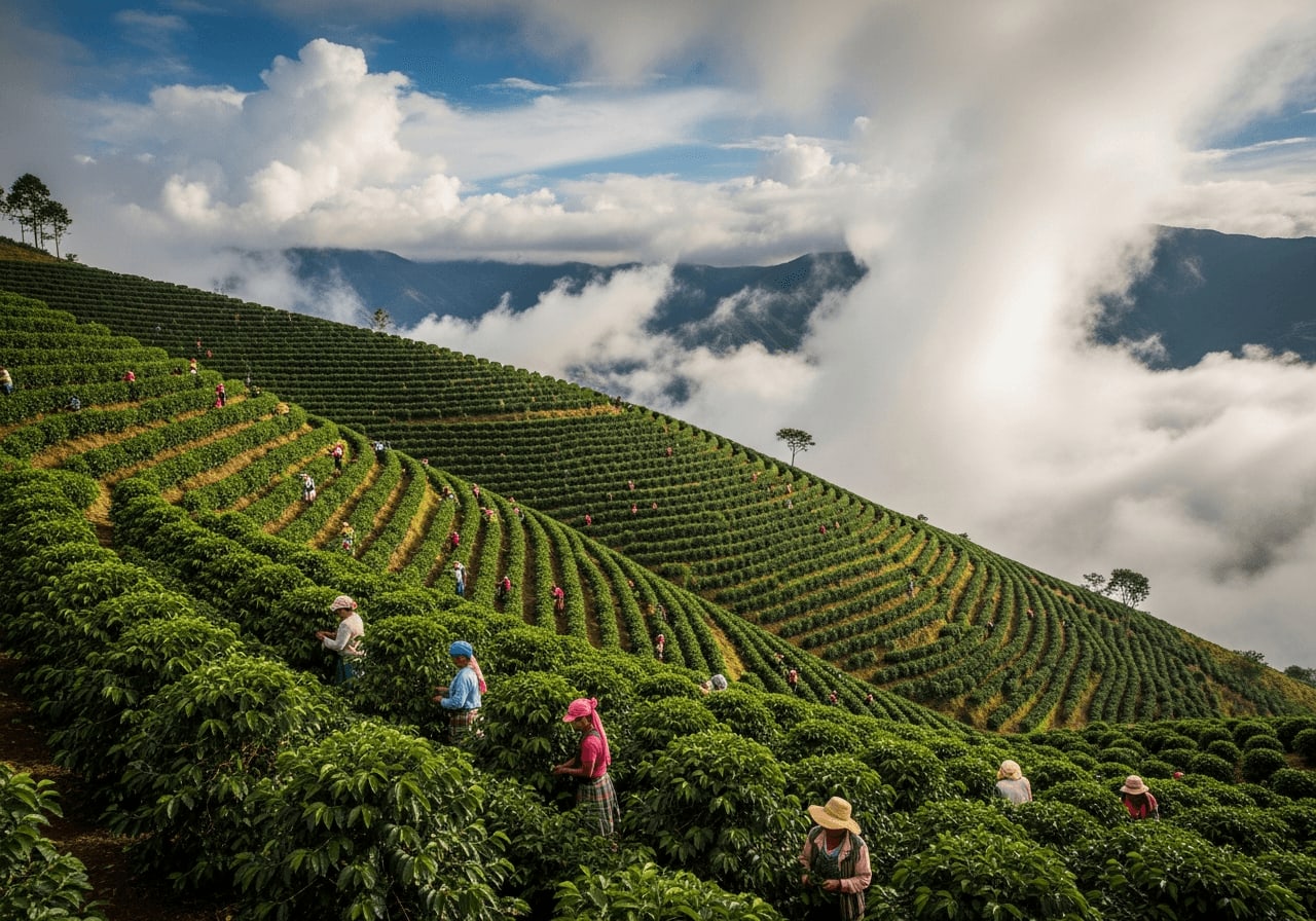 Weitwinkelaufnahme einer terrassierten Kaffeeplantage an einem steilen Berghang in Kolumbien, winzige Arbeiterfiguren, die sorgfältig Kaffee pflücken, dramatische Wolken darüber.